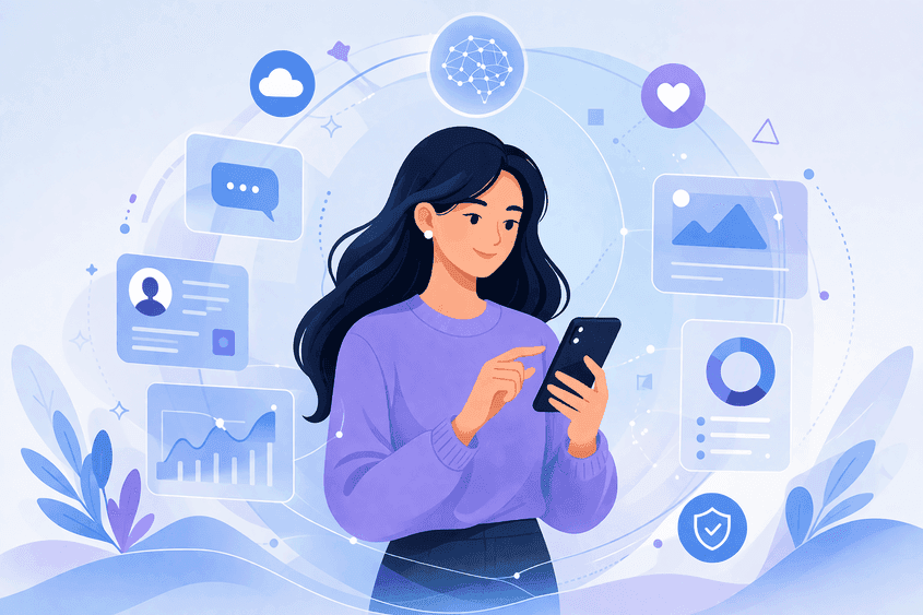 Clean, modern vector-art illustration of a single person holding and using a smartphone, centered in the composition, with soft abstract digital layers.